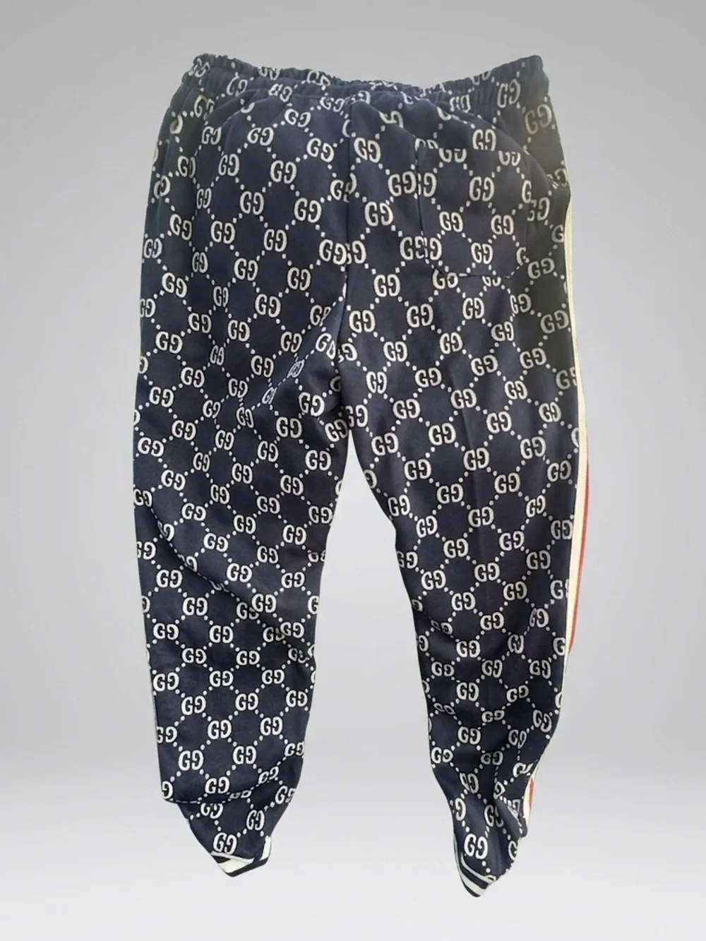 Gucci NWT GG Monogram Track Suit with Red Stripes Jacquard Caspian Navy Blue XL